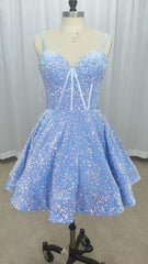 A-line Short 2024 Blue Sequin Homecoming Dress Sweetheart