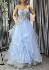 A-line Tiered Formal Dresses Blue Lace V Neck Prom Dress Appliqued - MyChicDress