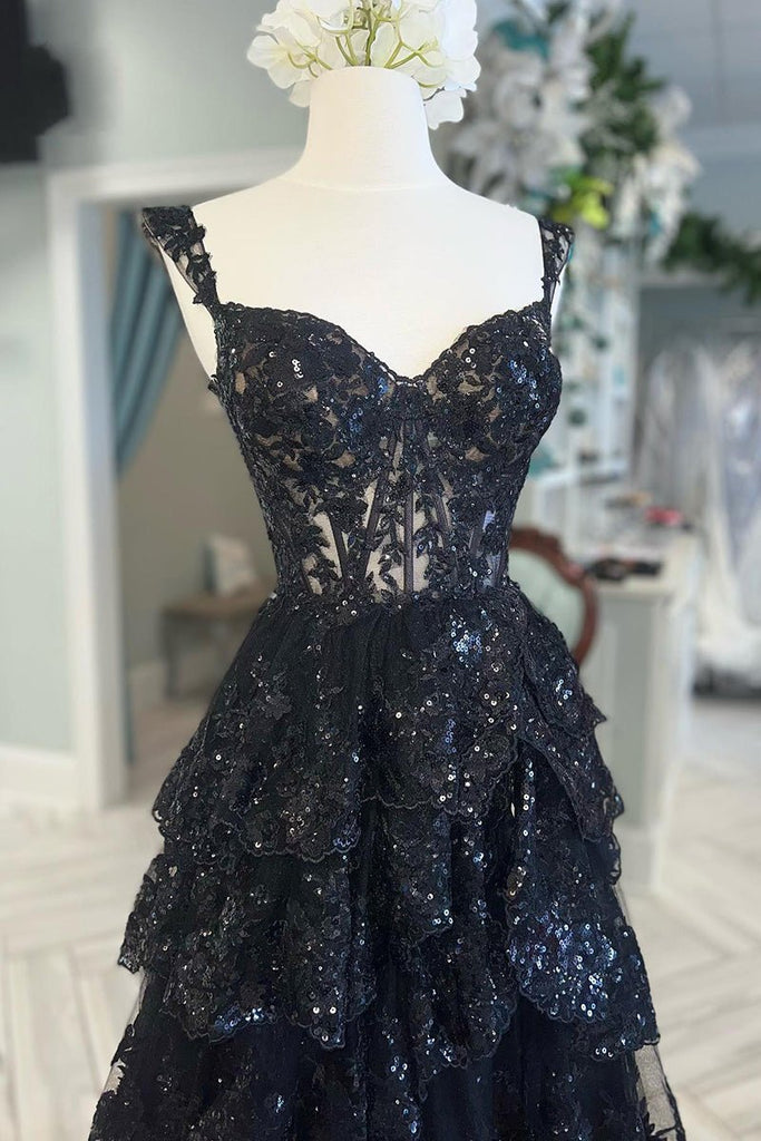 A Line Black Lace Prom Dresses Tiered Sequins Off the shoulder ...