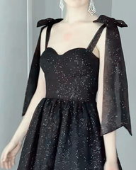 A Line Black Sparkly Midi Homecoming Dress Tulle Bow Straps