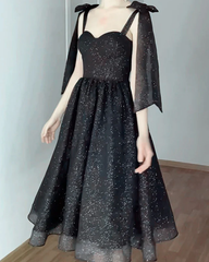 A Line Black Sparkly Midi Homecoming Dress Tulle Bow Straps