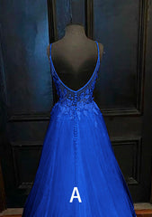 A Line Blue Lace Prom Dresses 2024 Cheap V Neck Formal Dresses