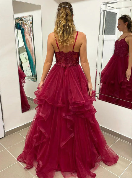 A Line Burgundy Lace Prom Dresses V Neck Tulle Formal Gown – MyChicDress