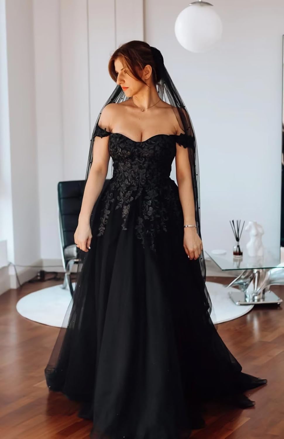 A Line Lace Gothic Black Wedding Dresses for Bride with Veil Free - MyChicDress