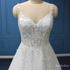 A Line Lace Wedding Dresses Beach V Neck Straps Sleeveless