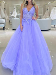 A Line Lavender Lace Prom Dresses V Neck Long Formal Evening Dress