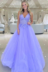 A Line Lavender Lace Prom Dresses V Neck Long Formal Evening Dress