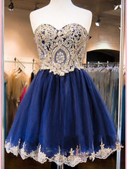 A Line Short Blue Homecoming Dress Lace Graduation Dress with Beaded - MyChicDress