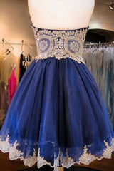 A Line Short Blue Homecoming Dress Lace Graduation Dress with Beaded - MyChicDress