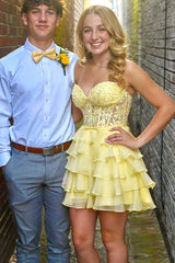 A Line Tiered Yellow Short Prom Dress Sweetheart Ruffles