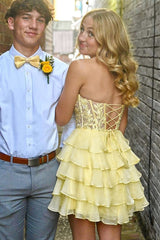 A Line Tiered Yellow Short Prom Dress Sweetheart Ruffles