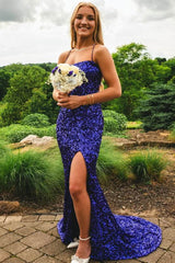 Affordable Sequined Purple Mermaid Prom Dress Spaghetti Straps