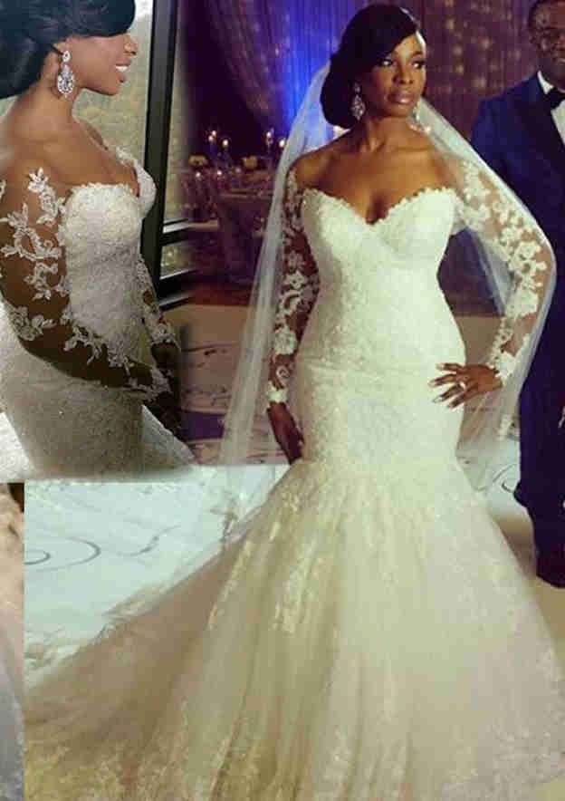 African Lace Wedding Dresses with Sleeves Long Mermaid Bridal Gown MyChicDress