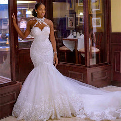 African Lace High Neck Wedding Dresses Mermaid Tulle With Beading - MyChicDress