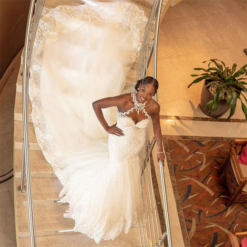 African Lace High Neck Wedding Dresses Mermaid Tulle With Beading - MyChicDress