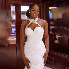 African Lace High Neck Wedding Dresses Mermaid Tulle With Beading - MyChicDress