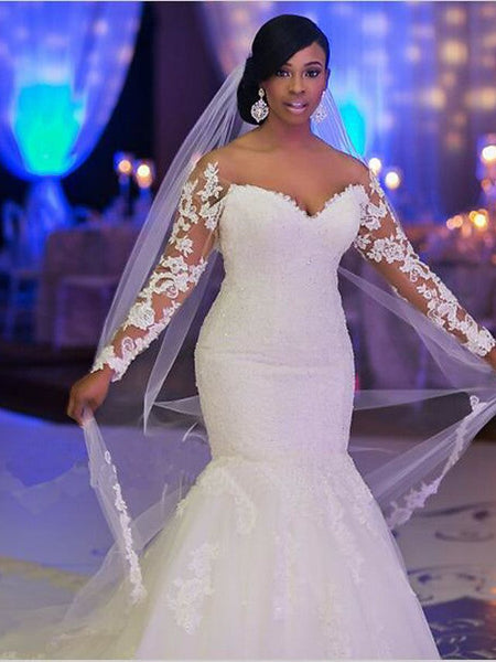 Hot Long Sleeves Lace White Wedding Dresses V Neck Mermaid Bridal