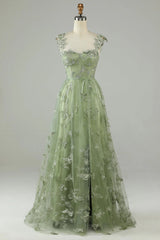 A line Corset Sage Green Long Formal Dresses 3D Butterflies