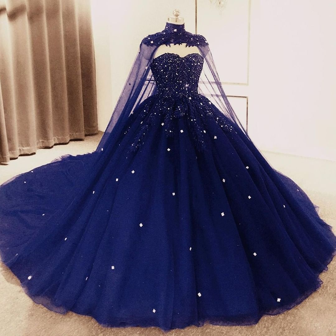 Ball Gown 2025 Navy Blue Tulle Lace Crystals Quinceanera Dresses With Cape MyChicDress