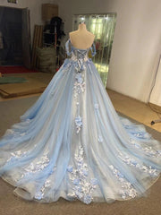 Ball Gown Blue Prom Dresses Lace Tulle Off Shoulder Evening Party Dress MyChicDress