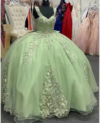 Ball Gown Sage Green Quinceanera Dresses Lace Applique Off the Shoulder MyChicDress