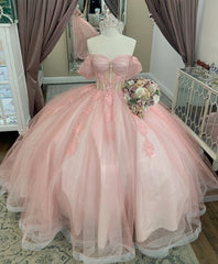 Ball-Gown Off-the-Shoulder Quinceanera Dress Light Pink Tulle Appliques