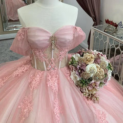 Ball-Gown Off-the-Shoulder Quinceanera Dress Light Pink Tulle Appliques