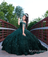 Ball Gown Emerald Green Sequin Quince Dresses Off the Shoulder