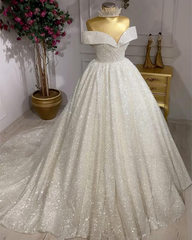 Ball Gown Glitter Ivory Wedding Gown Off Shoulder Sleeveless