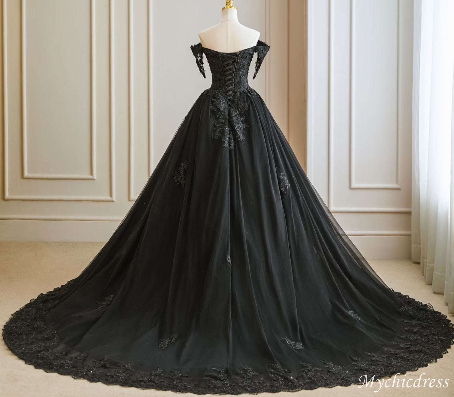Ball Gown Lace Black Wedding Dress Beaded with Cold Shoulder – MyChicDress