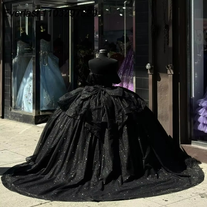 Shiny Quinceanera Dress Black Beaded Crystal Bow