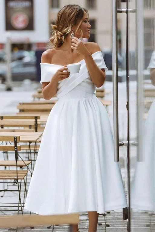 Beach White Short Wedding Guest Dress Satin Graduation Dress Off the Shoulder MyChicDress