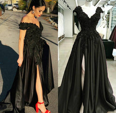 Black Lace 2024 Prom Dresses V Neck Satin Applique Formal Dress with Split MyChicDress