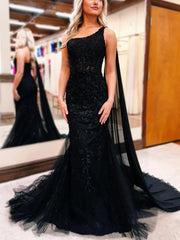 Black Lace Formal Dresses One Shoulder Prom Dresses Long Mermaid