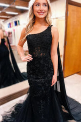 Black Lace Formal Dresses One Shoulder Prom Dresses Long Mermaid