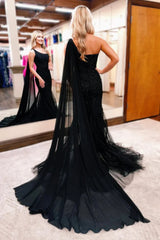 Black Lace Formal Dresses One Shoulder Prom Dresses Long Mermaid