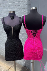 Black Lace Tight Homecoming Dress Spaghetti Straps Applique