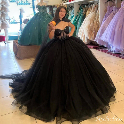 2024 Black Tulle Ball Gown Quince 15 Dresses Sweetheart Wedding Gown w ...