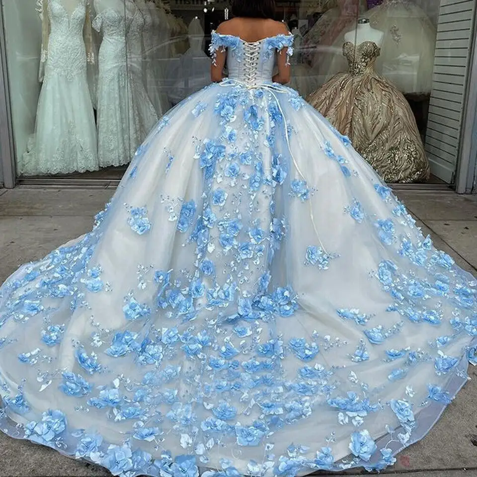 Blue Lace Off The Shoulder 3D Flowers Quinceanera Dresses MyChicDress