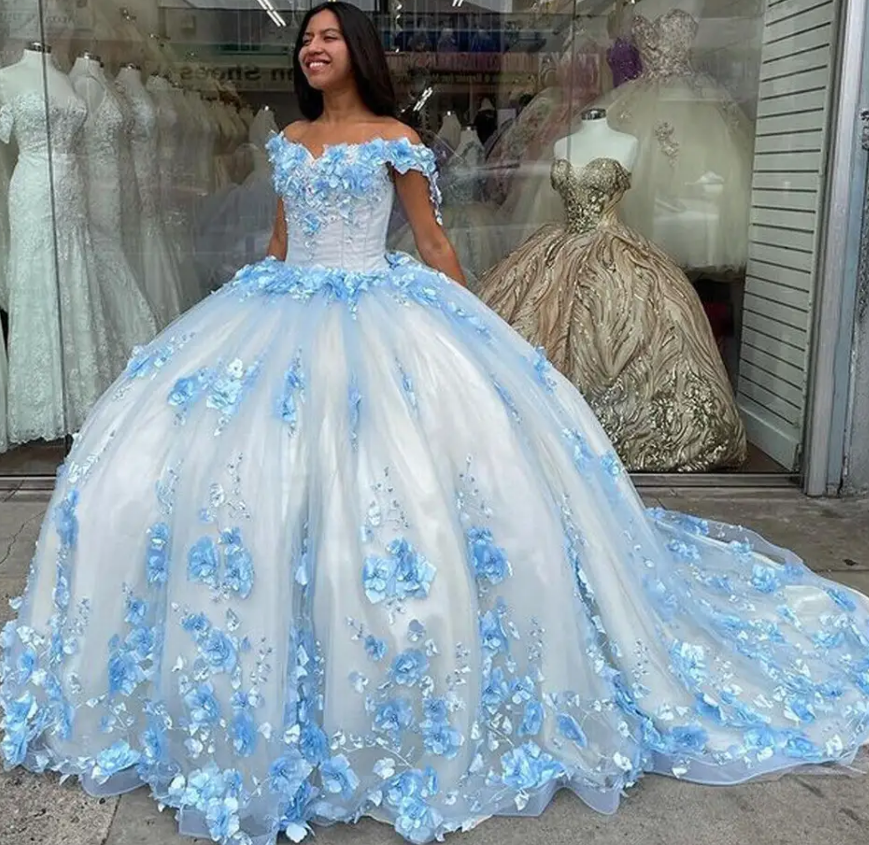 Blue Lace Sweet 16 Dress Off The Shoulder 3D Flowers Quinceanera Dresses MyChicDress