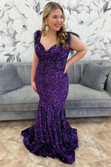  Sequin Plus Size Prom Dress purple Mermaid Feather