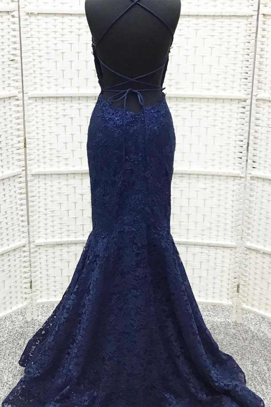 Buy Dark Navy Blue Long Prom Dress Lace Embroidered Trumpet - MyChicDress