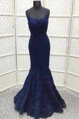 Buy Dark Navy Blue Long Prom Dress Lace Embroidered Trumpet - MyChicDress