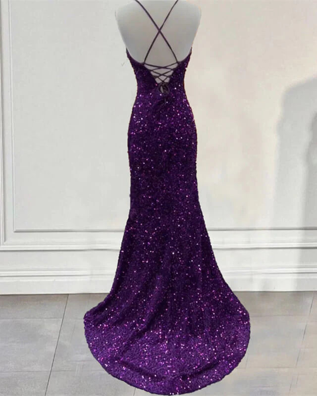 Cheap Dark Purple Prom Dress Sequin Mermaid Formal Evening Dress Split MyChicDress