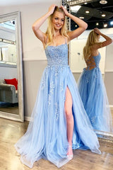 Cheap Lace Long Light Blue Prom Dresses A Line Open Back