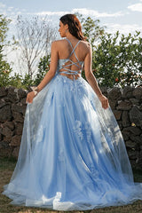 Cheap Lace Long Light Blue Prom Dresses A Line Open Back