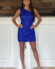 Cheap Royal Blue Homecoming Dresses Sequin One Shoulder Short Hoco Dress MyChicDress