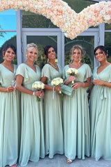 Cheap V Neck Sage Green Bridesmaid Dress UK Pleated Chiffon Party Dress MyChicDress