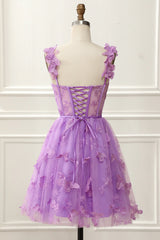 Cheap Corset A-Line Purple Homecoming Dress With Butterflies