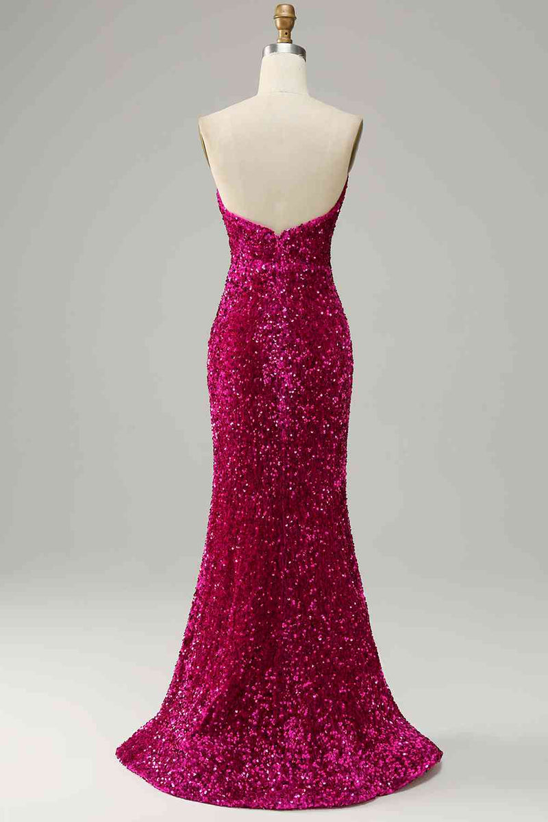 Custom Made Fuchsia Sequins Magenta Prom Dresses Strapless with Slit - MyChicDress